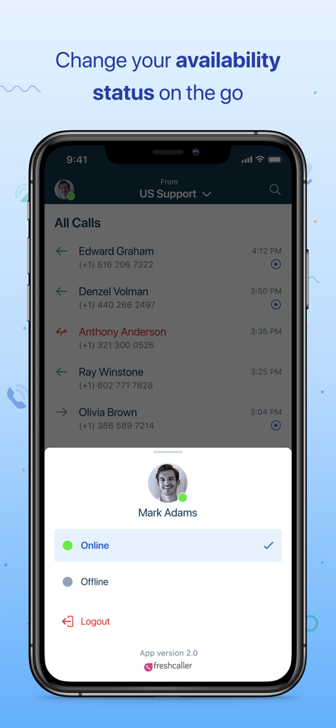 Interfaccia dell'app mobile Freshcaller che mostra un utente che seleziona il proprio stato di disponibilità online o offline
