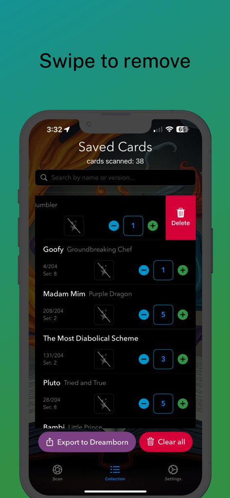 Lorscana: TCG Card Scanner - Pantalla de la aplicación Lorscana que muestra una lista de cartas de Disney Lorcana guardadas con una función de deslizar para eliminar y un botón de exportación.