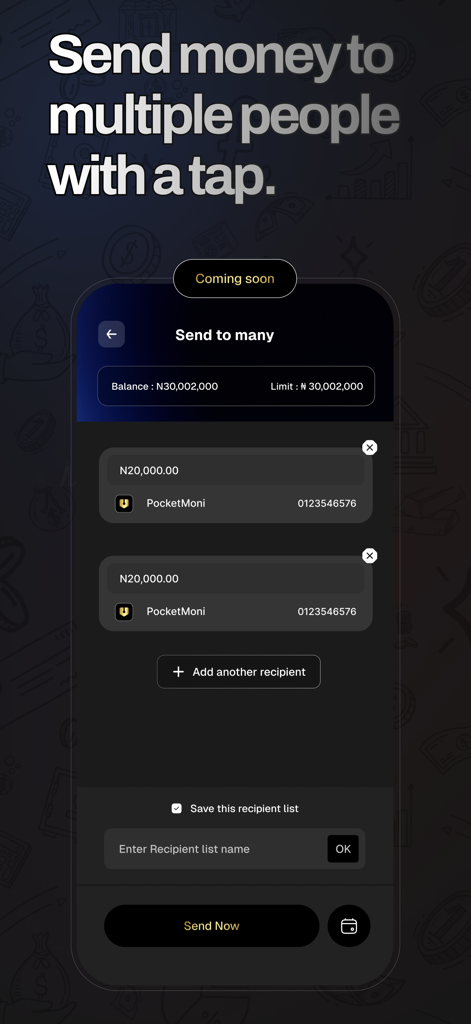 PocketMoni - Interfaz de la aplicación PocketMoni para enviar dinero a varios destinatarios a la vez