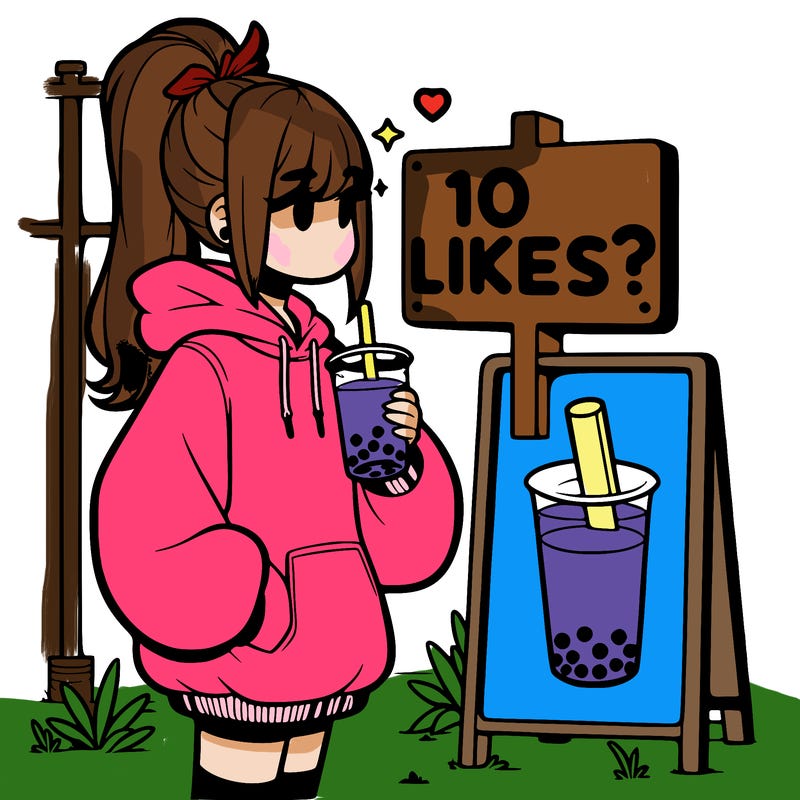 girl with oversized hoodie drinking boba and she has a high ponytail with a sign that says 10likes?