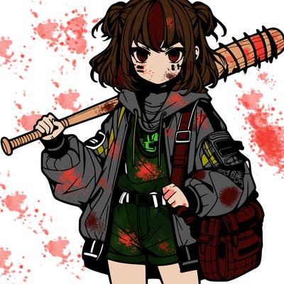 an anime girl with a baseball bat and streetwear
