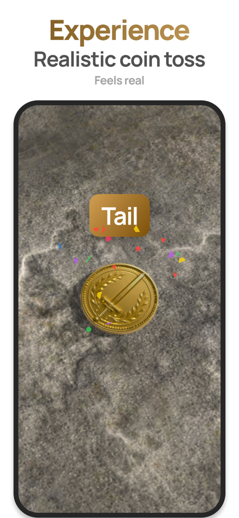 Flip a Coin – Heads or Tails - Screenshot of the Flip a Coin app showing a realistic coin toss landing on tail.