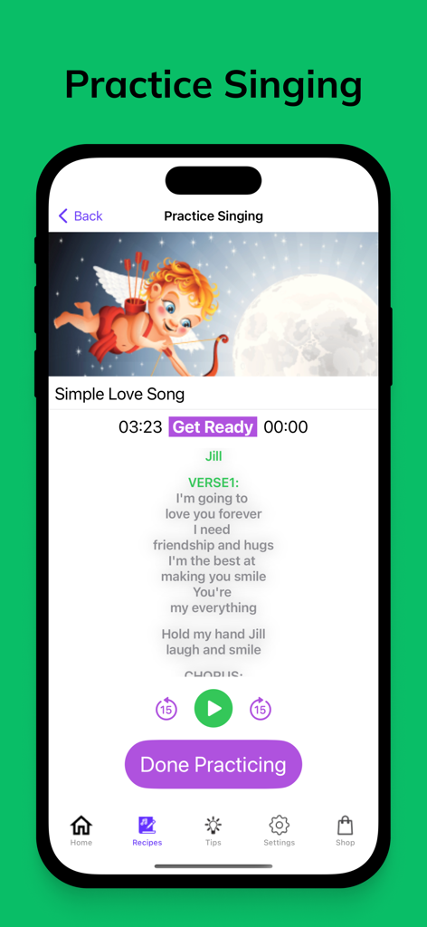 Song Chef - Song Chef app interface showing the practice singing screen with lyrics for a personalized love song and a Cupid illustration