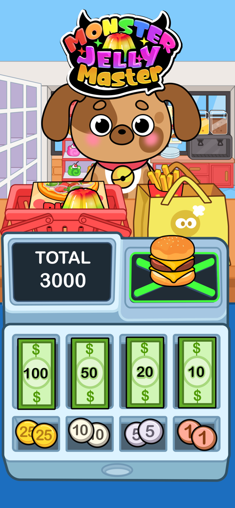 A cartoon dog character at a grocery store checkout counter with food and a cash register