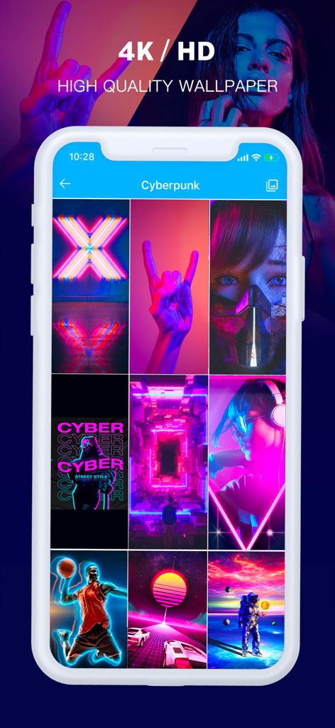 Wallhaven - Awesome Wallpapers - Interfaz de la aplicación Wallhaven mostrando una lista seleccionada de fondos de pantalla cyberpunk de alta calidad en resolución 4K