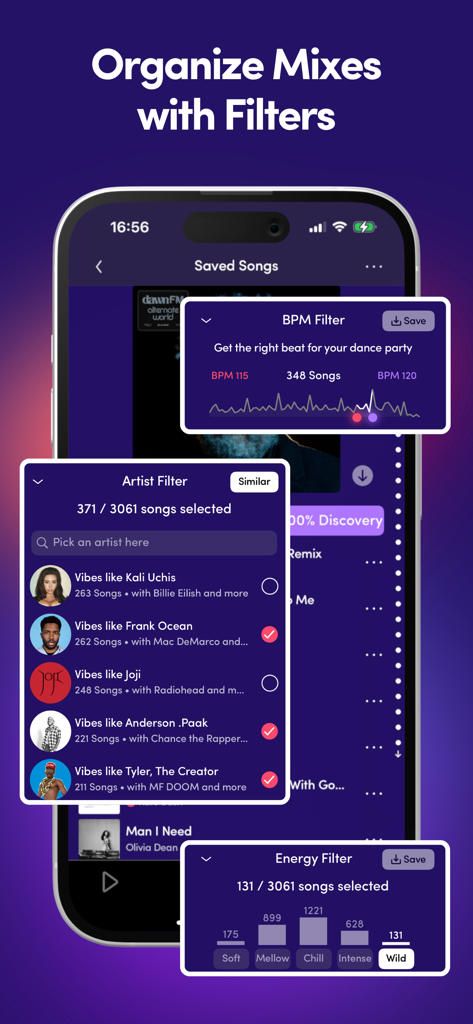 Offtrack app interface for organizing music mixes using BPM artist and energy filters