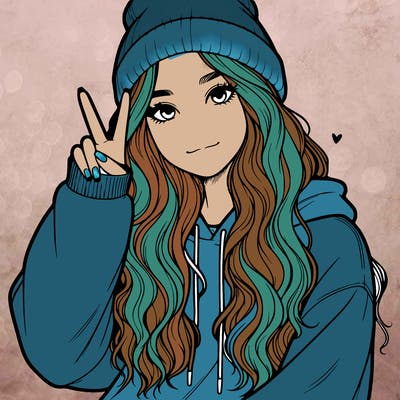 a teenage girl in a beanie, oversized sweatshirt, wavy long hair, and is showing a ✌️