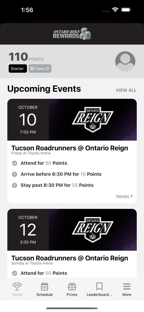 Ontario Reign - Ontario Reign rewards interface displaying fan points and upcoming hockey games schedule.