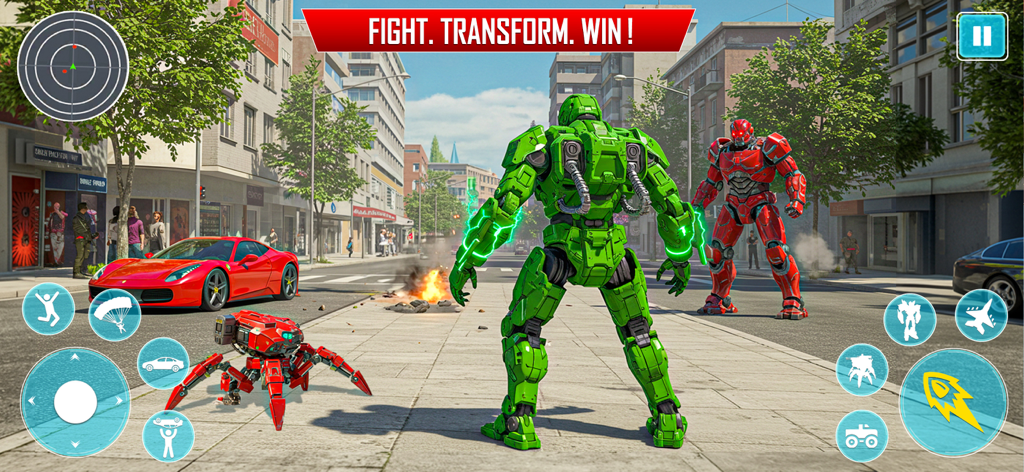 A green robot facing a red robot in a city street during a battle