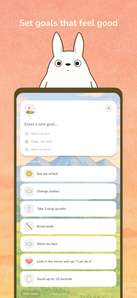 Koda: Cozy Self-Care - Koda app interface showing a list of easy self-care goal suggestions like taking deep breaths and brushing teeth with a cute white bunny character