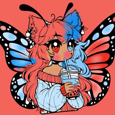 a realistic butterfly/furry girl drinking boba