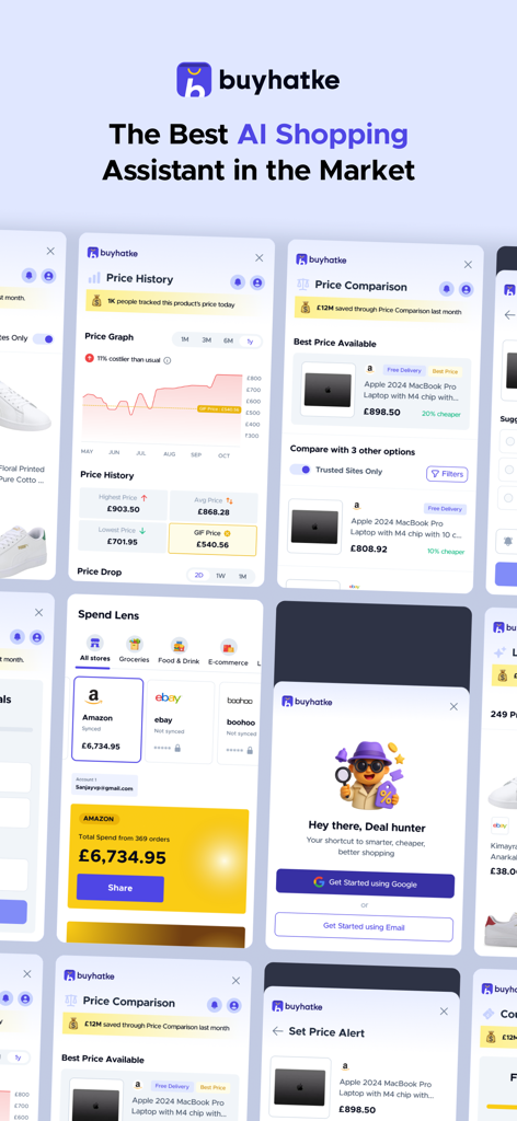 Buyhatke Price Tracker, Coupon - A collection of Buyhatke app screens showcasing price history graphs price comparison tools and the spend tracking dashboard