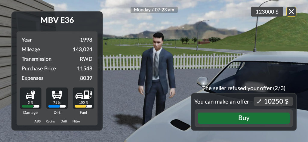 Uno schermo di gioco del simulatore di concessionaria d'auto che mostra le specifiche dell'auto e un'interfaccia di negoziazione del prezzo con un venditore