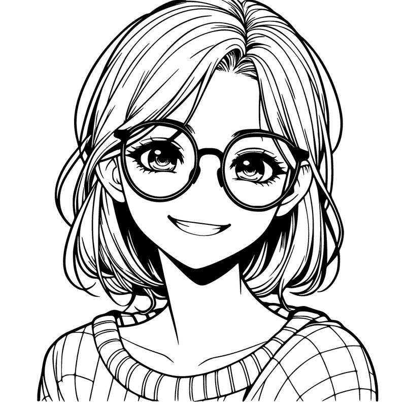 realistic girl with glasses smiling, eyes open