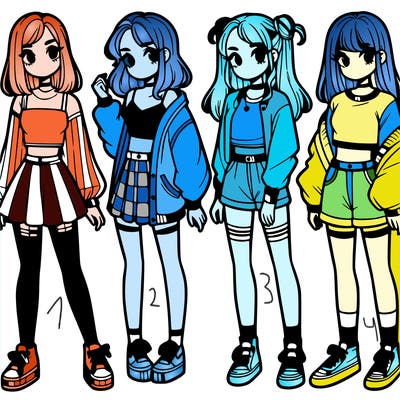 one girl with crop-top shirt and a jacket with a skirt, long socks and another girl with a shirt and pants with a jacket