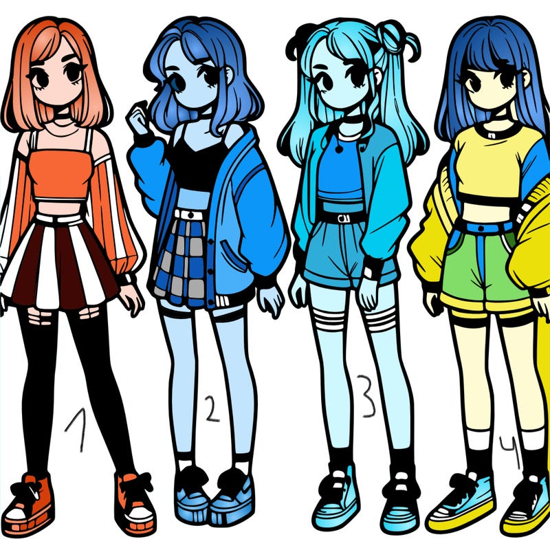 one girl with crop-top shirt and a jacket with a skirt, long socks and another girl with a shirt and pants with a jacket