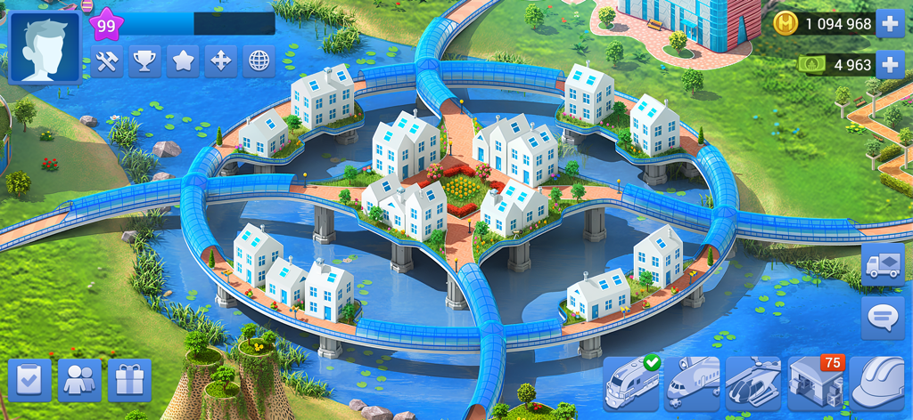 Un quartiere residenziale insulare circolare con ponti in vetro blu nel gioco di city building Megapolis