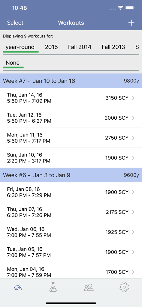 A list of scheduled swimming workouts and yardages organized by week in the Workouts X app.