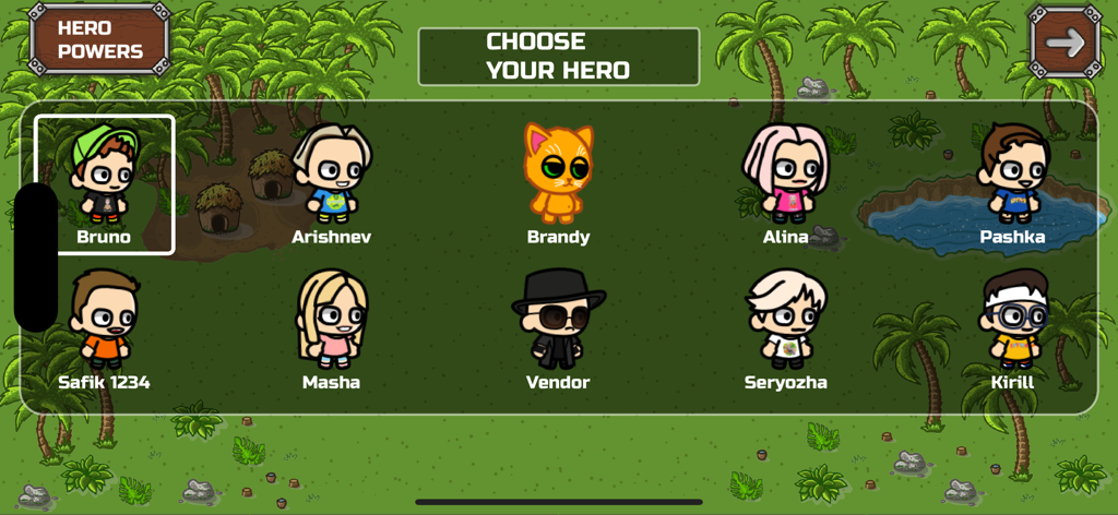 Bruno And Arishnev - Hero selection screen in the Bruno and Arishnev mobile game showing various characters
