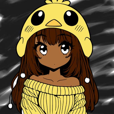 anime girl with chick shaped hat with sweater with bare shoulders with bangs covering them one eye with low tail