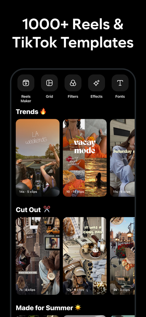 Interface of Muse app showing over 1000 trendy video templates for Reels and TikTok categories