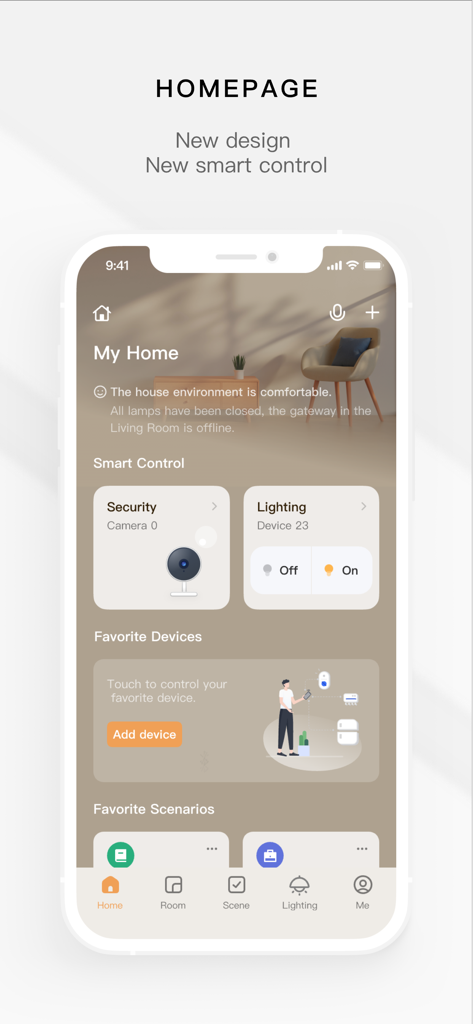 Tuya Home - Interfaz de la página de inicio de la aplicación Tuya Home mostrando tarjetas de control inteligente para seguridad e iluminación