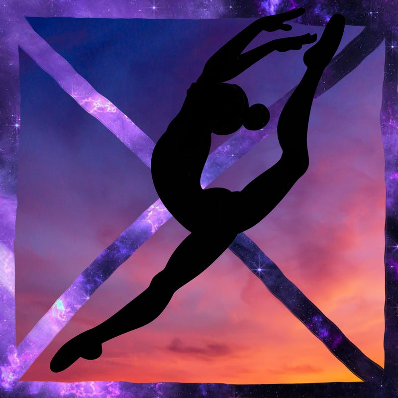 gymnast doing a leap in a leotard with a bent back leg