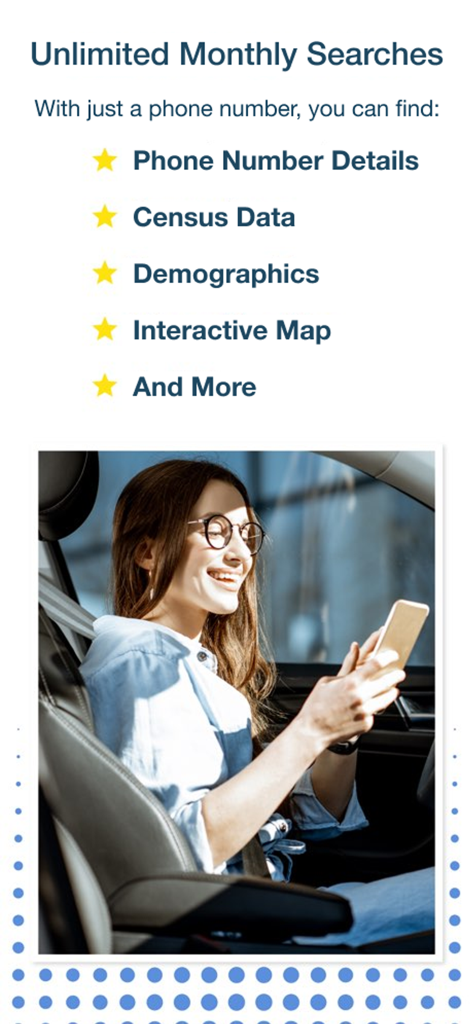 Intelius Search - Lista de funciones de la aplicación Intelius Search que muestra detalles del número de teléfono y datos demográficos con una mujer usando su teléfono en un coche