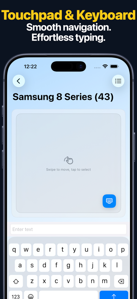 Tela do iPhone mostrando uma interface de touchpad e teclado para controlar uma TV Samsung smart.