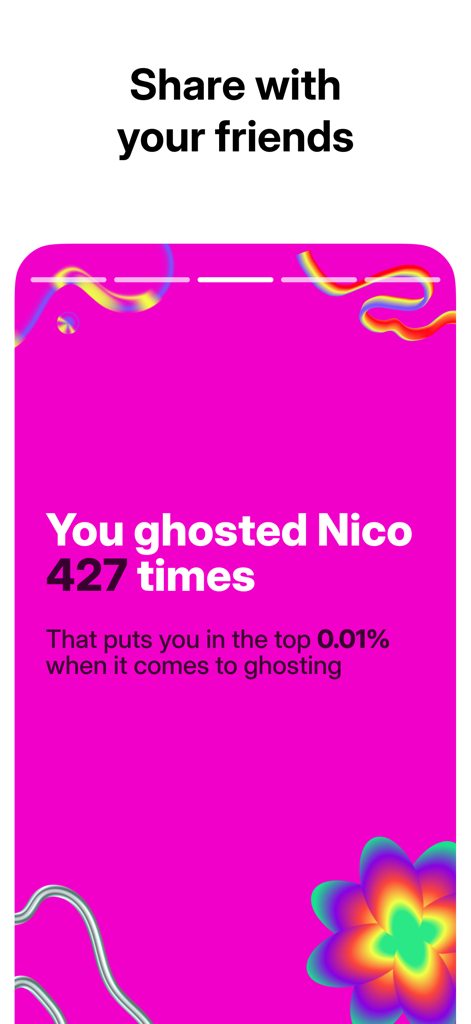 WA Wrapped 2025 - Captura de pantalla de la aplicación WA Wrapped que muestra una estadística humorística de ghosting sobre un vibrante fondo rosa para compartir en redes sociales.