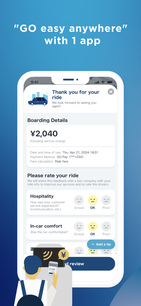 A mobile screenshot of the GO taxi app showing ride details for 2040 yen, a rating section for hospitality and comfort, and an add a tip button.