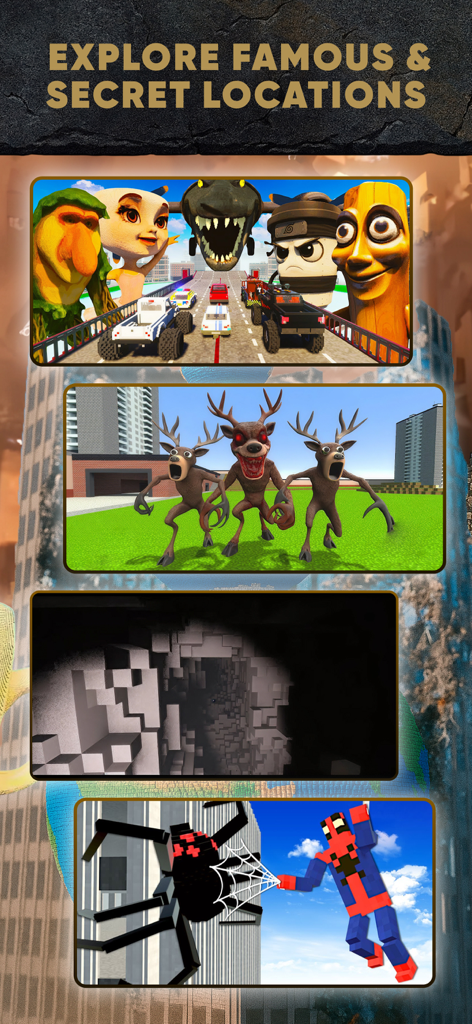 Teardown Game Mods & Maps - A showcase of various custom game maps and character skins featuring a voxel art style for a destruction sandbox game