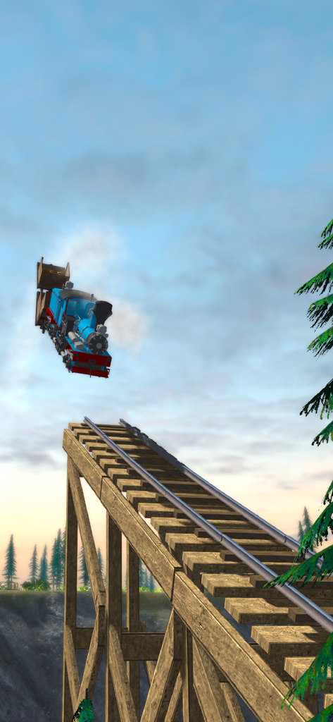 Blue steam train flying in the air after launching from a wooden ramp