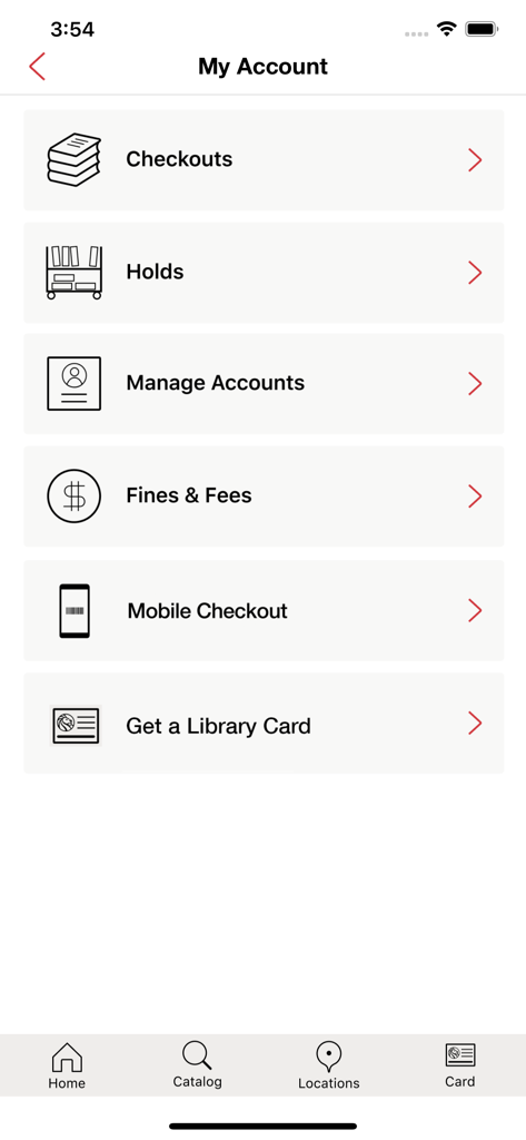 New York Public Library (NYPL) - The My Account screen of the New York Public Library app featuring options for checkouts holds and mobile checkout