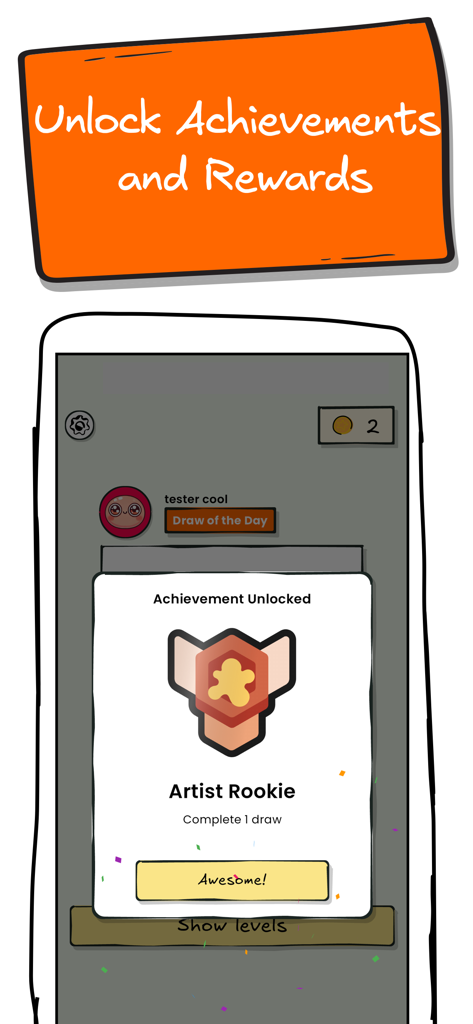 Uma interface móvel para o DrawIt mostrando um pop-up de recompensa por desbloquear a conquista Novato Artista.