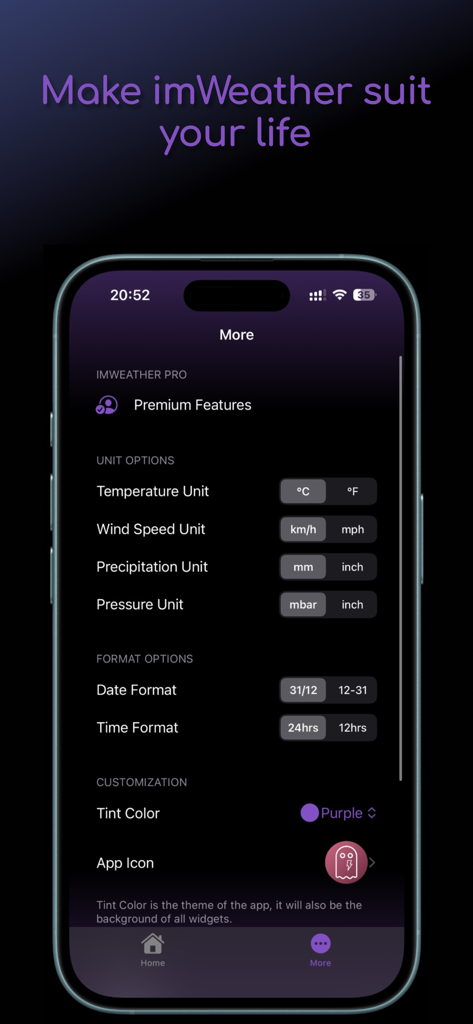 imWeather - Forecast Alert - Écran de personnalisation de l'application imWeather pour les unités météorologiques et les thèmes d'interface