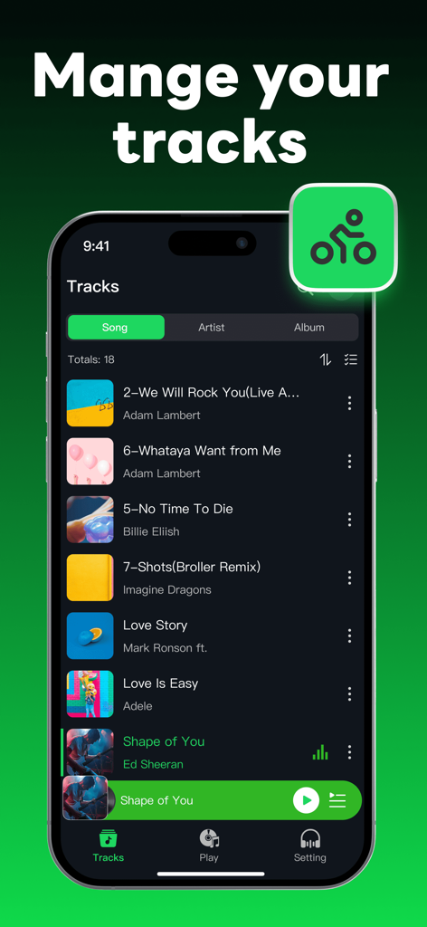 Track list interface of the HT Offline Music Player app showing various songs and artists