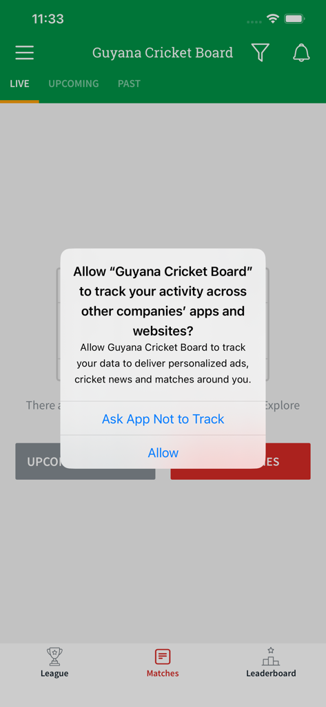 Guyana Cricket Board - GCB - iOS privacy tracking prompt on the Guyana Cricket Board app