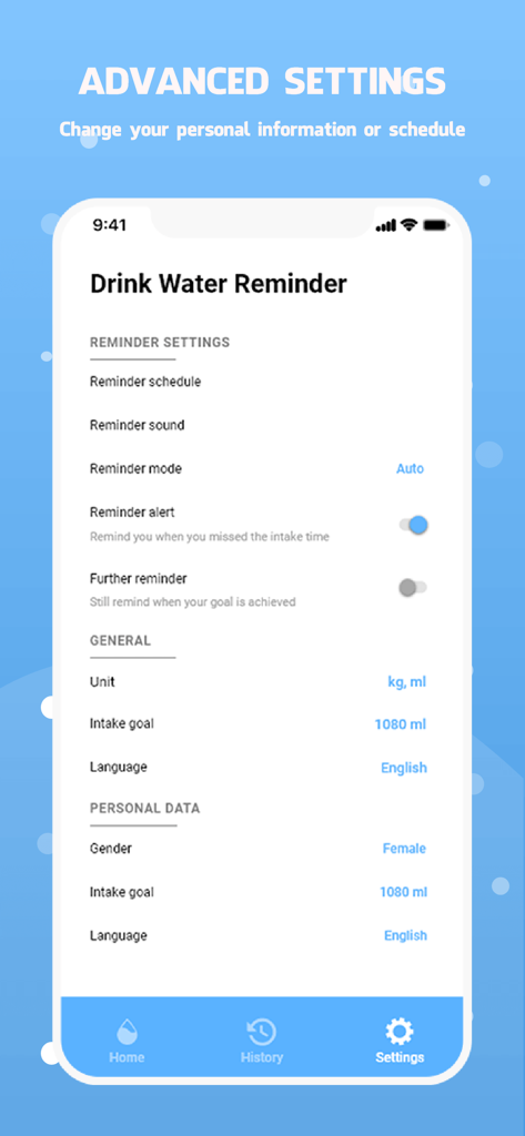 Drink water reminder - Bildschirm für erweiterte Einstellungen der Drink Water Reminder App mit Erinnerungsplänen und Konfiguration persönlicher Daten.