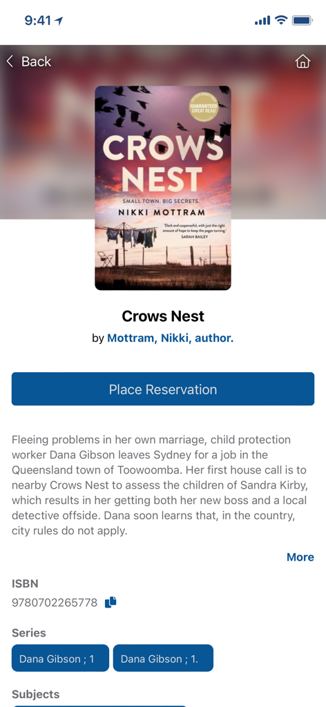 City of Parramatta Library - City of Parramatta Library app screen displaying book details and a place reservation button