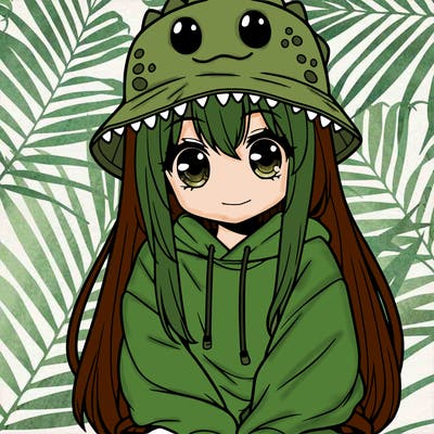 girl with anime shaped eyes with a dinosaur bucket hat oversized sweatshirt long straight hair