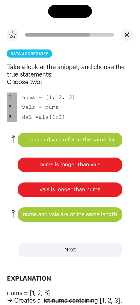 Pantalla de examen de práctica PCEP de Python que muestra un fragmento de código sobre agregados de datos y respuestas de opción múltiple.