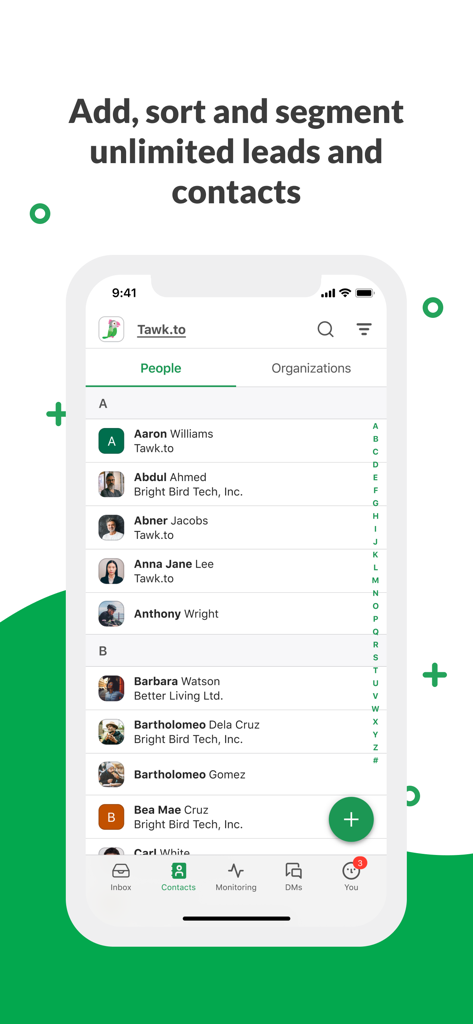 Tawk.to mobile app showing the leads and contacts management screen with an alphabetical list of people and their organizations.