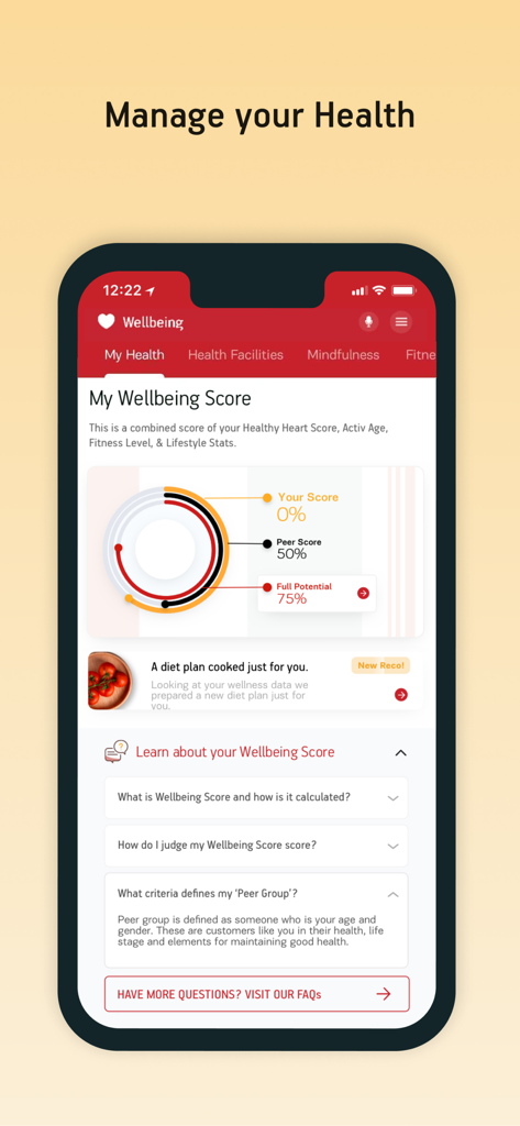 Activ Health - ウェルビーイングスコアと健康進捗チャートを表示するActiv Healthアプリのインターフェース