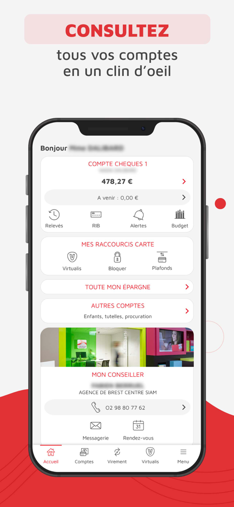CMB suivi de compte et budget - CMB mobile app home screen showing account balance and financial shortcuts