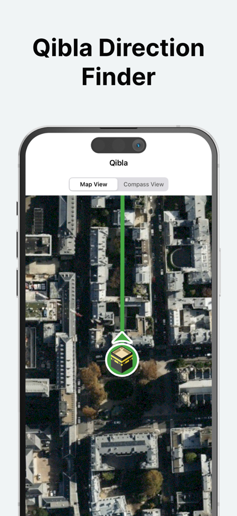 Smartphone screen showing the Qibla direction finder feature with a map view pointing towards the Kaaba