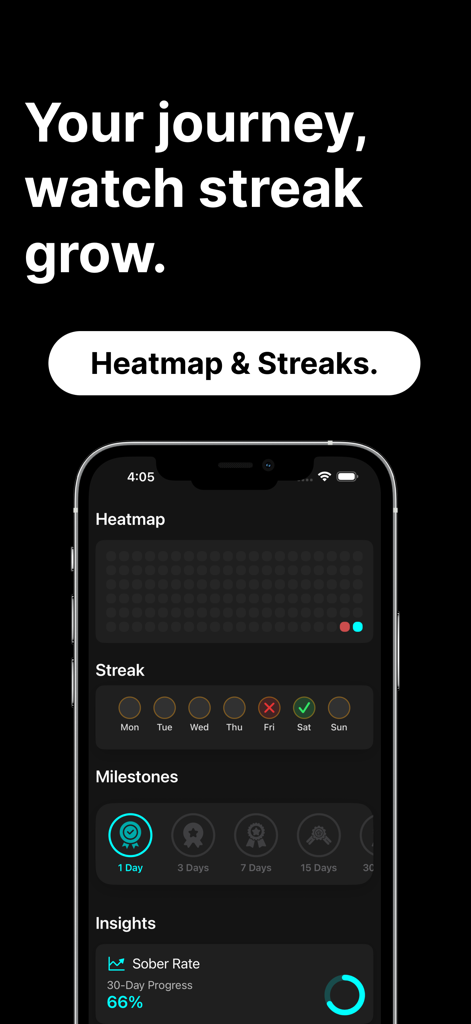 AlcoFree: Quit Alcohol Tracker - AlcoFree app interface showing sobriety heatmap and streak tracker