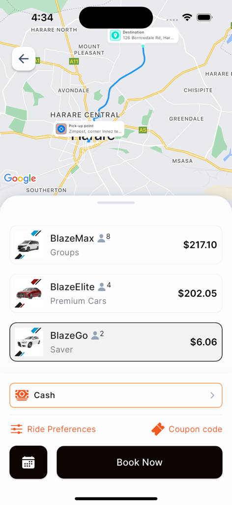 Tap and Go app interface showing ride options BlazeMax BlazeElite and BlazeGo with transparent pricing on a city map