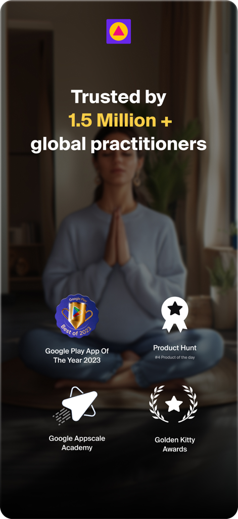 Level SuperMind app screen showing trust signals from 1.5 million users and awards including Google Play App Of The Year 2023
