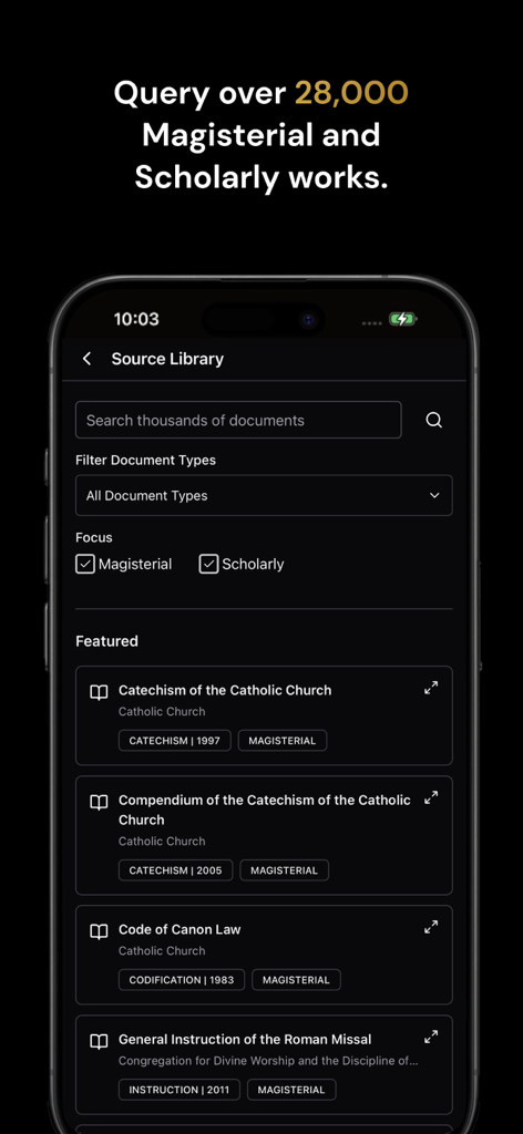 Magisterium AI - Magisterium AI app Source Library screen showing searchable Catholic Church documents